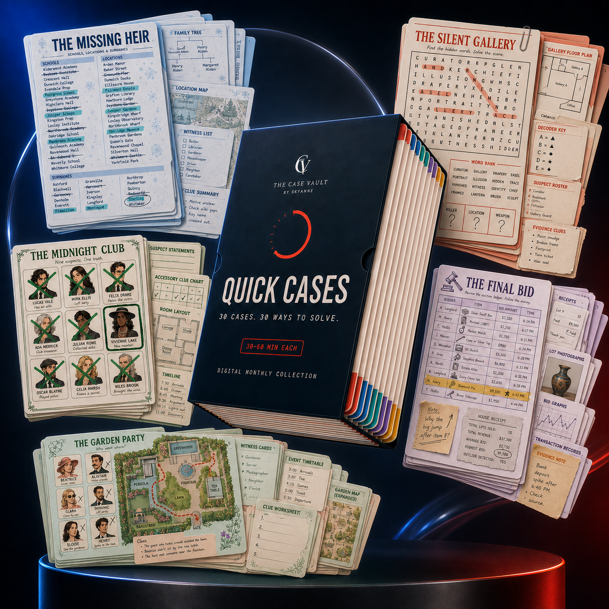 The Case Vault Quick Cases collection surrounded by distinct mystery case packets
